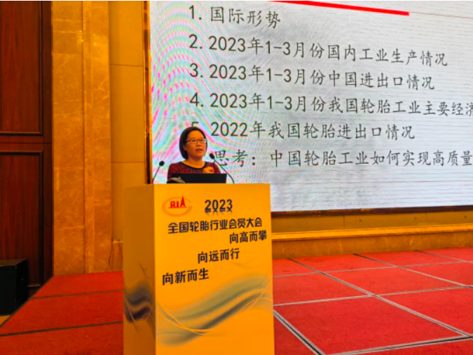 中國橡膠工業(yè)協(xié)會會長徐文英在會上發(fā)表了題為《我國輪胎內(nèi)外需市場環(huán)境變化帶來的思考》的報(bào)告。他在分析國際和國內(nèi)經(jīng)濟(jì)形勢后指出，實(shí)現(xiàn)我國輪胎行業(yè)的高質(zhì)量發(fā)展需要從企業(yè)和協(xié)會兩個層面入手。在企業(yè)層面，他提出了改變觀念、注重質(zhì)量效益、創(chuàng)造中國品牌概念、注重原創(chuàng)和人才培育的要求。而在協(xié)會層面，他強(qiáng)調(diào)通過解決行業(yè)呼吁的重大訴求，提供良好的外部環(huán)境，同時(shí)通過高質(zhì)量的標(biāo)準(zhǔn)和后監(jiān)督機(jī)制，改變目前惡性競爭的局面。