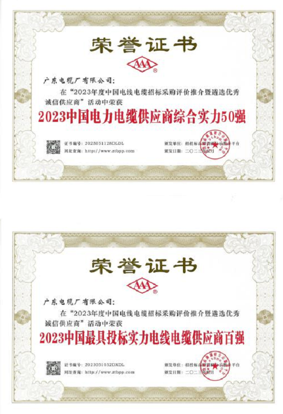 據(jù)了解，憑借卓越的綜合實(shí)力，包括出色的生產(chǎn)能力、技術(shù)創(chuàng)新和產(chǎn)品質(zhì)量，廣東電纜廠有限公司在該活動(dòng)中榮獲“2023中國(guó)電力電纜供應(yīng)商綜合實(shí)力50強(qiáng)”和“2023中國(guó)最具投標(biāo)實(shí)力電線電纜供應(yīng)商百?gòu)?qiáng)”。