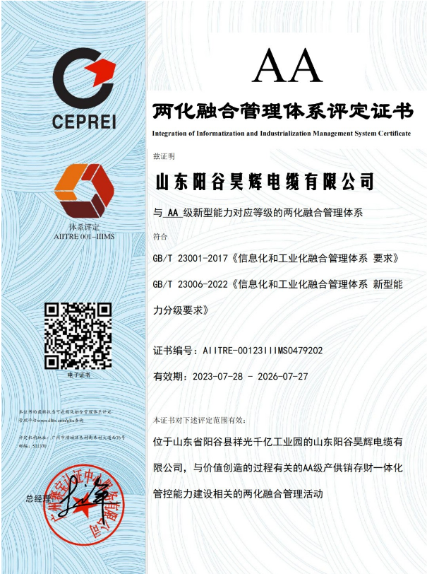 ，山東陽谷昊輝電纜有限公司在兩化融合管理體系貫標工作取得階段性成果，成功通過體系評定，并獲得由國家工信部授權(quán)的評定機構(gòu)——廣州賽寶認證中心服務(wù)有限公司頒發(fā)的兩化融合管理體系A(chǔ)A級評定證書。