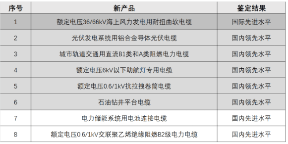 新疆維吾爾自治區(qū)工信廳科技質(zhì)量處副處長陳捷在開工典禮上對新纜廠自主研發(fā)的8款創(chuàng)新產(chǎn)品技術(shù)進(jìn)行了權(quán)威鑒定。據(jù)了解，其中一款名為“額定電壓36/66千伏海上風(fēng)力發(fā)電用耐扭曲軟電纜”的產(chǎn)品達(dá)到了國際先進(jìn)水平。此外，還有名為“鋁合金芯光伏線”和“儲能系統(tǒng)用電池連接電纜”的7款產(chǎn)品達(dá)到了國內(nèi)先進(jìn)水平。