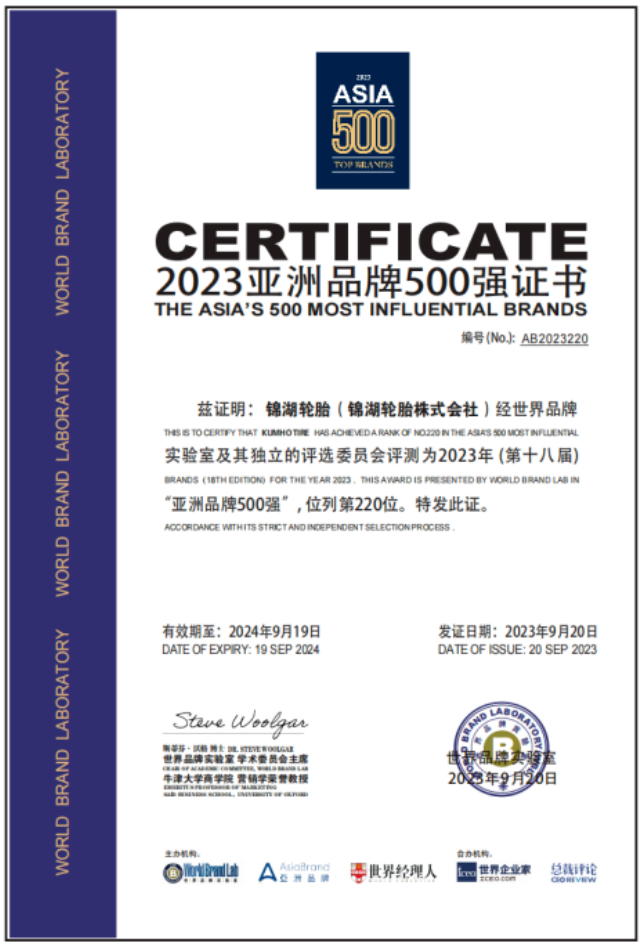 錦湖輪胎進(jìn)入《亞洲品牌500強(qiáng)》榜單，再次彰顯實(shí)力