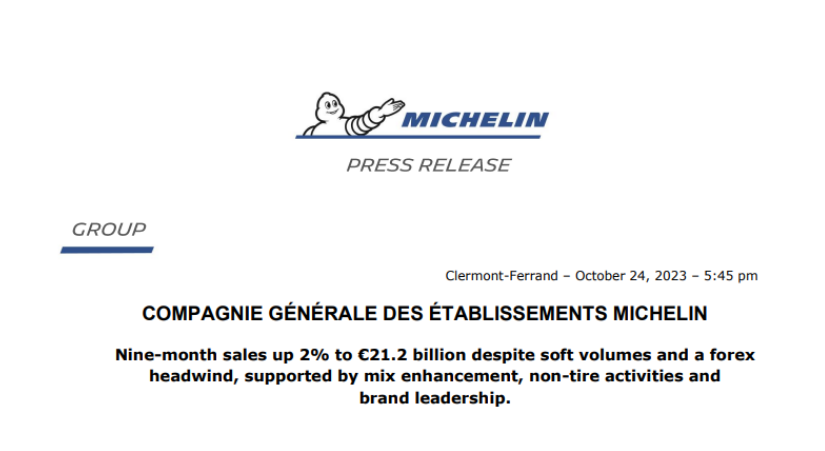 米其林前三季度業(yè)績亮眼，銷售額達1640億