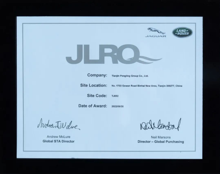 奇瑞捷豹路虎采購(gòu)部副總裁甘海越女士帶領(lǐng)著她的團(tuán)隊(duì)，包括STA總監(jiān)Ian Davis先生、STA高級(jí)經(jīng)理張林安先生以及STA經(jīng)理朱凌峰先生。他們代表奇瑞捷豹路虎向鵬翎集團(tuán)頒發(fā)了兩個(gè)重要獎(jiǎng)項(xiàng)，即“JLRQ及卓越質(zhì)量”獎(jiǎng)項(xiàng)。這些獎(jiǎng)項(xiàng)不僅代表了卓越的合作關(guān)系，也表彰了鵬翎集團(tuán)在多個(gè)領(lǐng)域的卓越表現(xiàn)，包括質(zhì)量管理、交付能力、服務(wù)能力和持續(xù)提升能力。