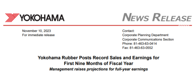 橫濱橡膠株式會社公布了2023財年前三季度業(yè)績，銷售額和營業(yè)利潤均創(chuàng)下前九個月的歷史新高。前九個月，橫濱橡膠銷售額達6925億日元(約332.96億人民幣)，同比增長12.5%;而營業(yè)利潤則以492億日元(約23.66億人民幣)的成績，同比增長6.7%。